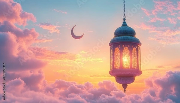 Fototapeta Glowing Ramadan Lantern Hanging in a Sunset Sky with Crescent Moon Festive Islamic Image