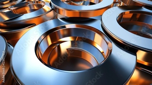 Fototapeta A close-up of metallic rings with reflective surfaces and warm lighting.