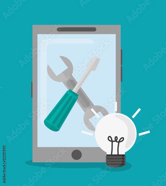 Fototapeta Smartphone and tools icon. Office work supplies and objects theme. Colorful design. Vector illustration