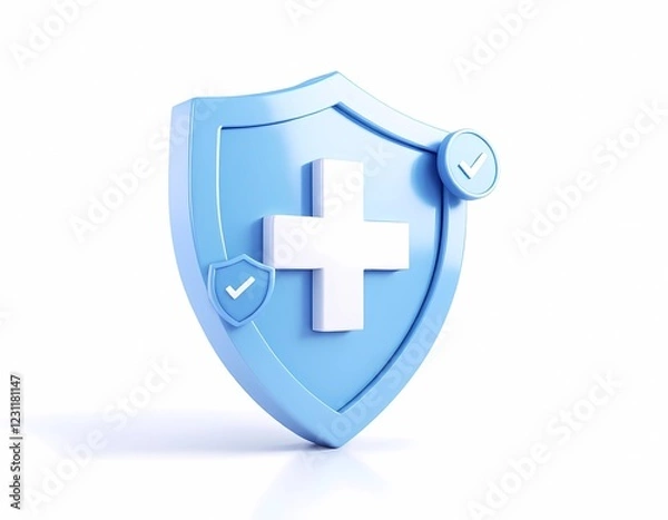 Fototapeta Stylized azure shield with a crisp white cross and verification ticks conveys safeguarding concepts
