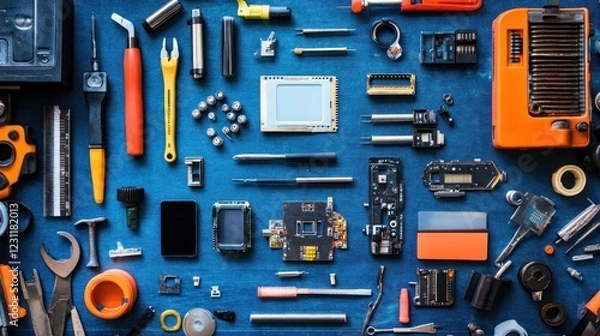 Obraz A Flatlay of Electronics Repair Tools and Components