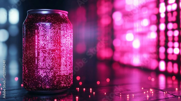 Obraz Closeup of a glowing energy drink can with dynamic light effects in vibrant magenta and cyan hues.