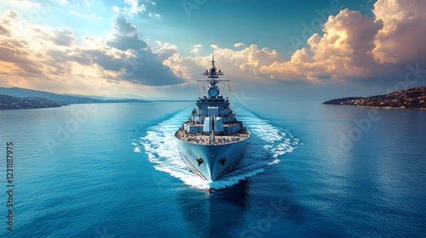 Fototapeta A large navy ship is sailing through the ocean with smoke coming out of its bow. The ship is surrounded by a blue sky and the water is calm