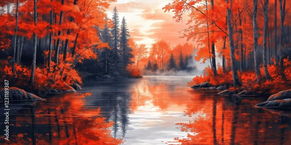 Fototapeta Red and orange autumn trees by the river