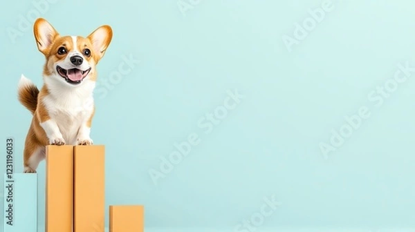 Obraz Pet market growth , pet industry graph 2 D presentation flat art Happy corgi standing on colorful blocks.