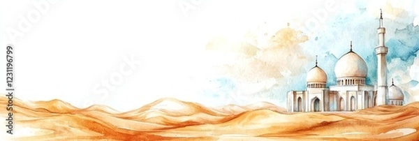 Fototapeta Elegant watercolor mosque painting with minimalist design, soft pastel hues, and golden desert dunes. Perfect for Ramadan, Eid, or any Islamic-themed project. Ample white space for text.