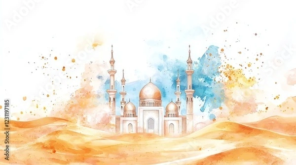 Fototapeta Elegant watercolor mosque painting with minimalist design, soft pastel hues, and golden desert dunes. Perfect for Ramadan, Eid, or any Islamic-themed project. Ample white space for text.