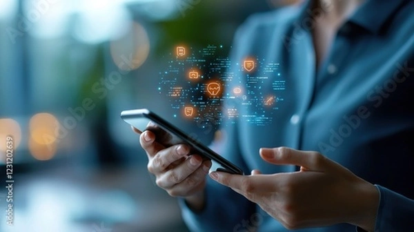 Fototapeta Person using smartphone with digital icons representing connectivity and information.