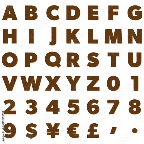 Fototapeta 版画風のアルファベット大文字と数字と通貨記号