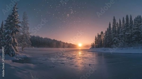 Fototapeta A winter landscape shows a frozen lake surrounded by snow-covered trees and a starlit sky at sunset