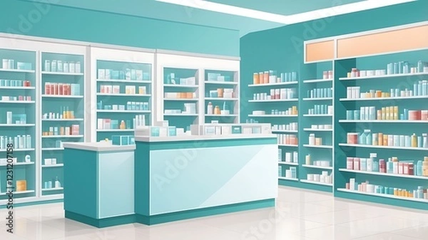 Fototapeta Vector illustration of a modern pharmacy storefront with glass doors, medicine shelves, and a consultation counter.