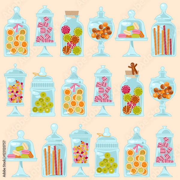 Fototapeta Sweet shop. Glass jars of various forms with different candies.  Seamless background pattern. 