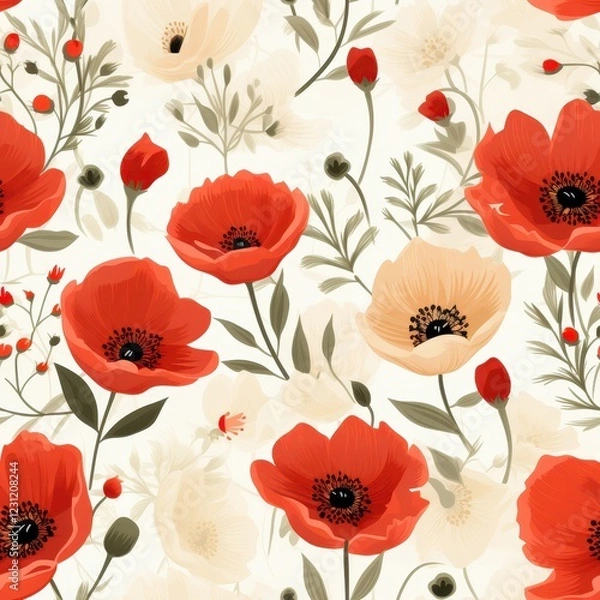 Fototapeta A seamless pattern featuring mini red poppies, seamless Pattern natural flow with a fresh and calming vibe colurfur 