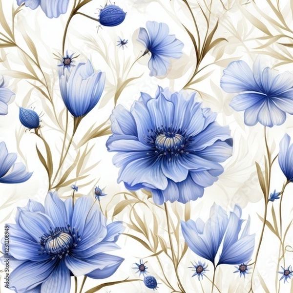 Fototapeta A seamless pattern with mini blue cornflowers, seamless Pattern natural flow with a fresh and calming vibe colurfur  