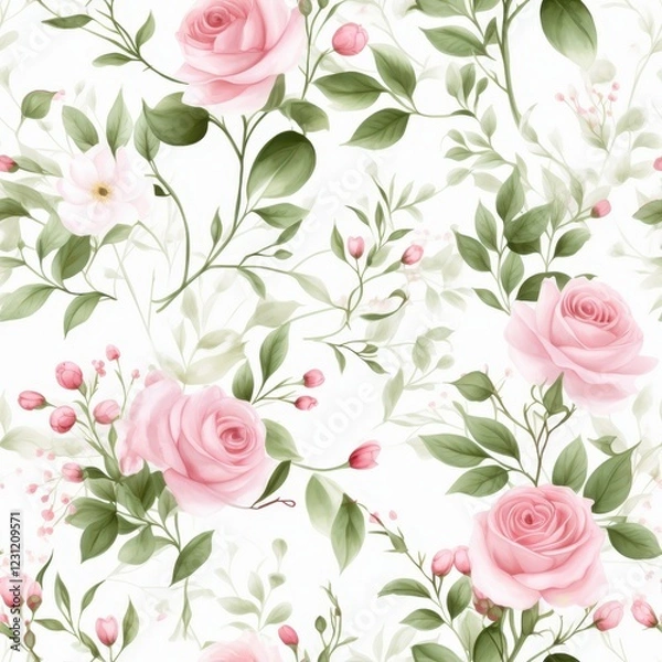 Fototapeta A seamless pattern featuring mini pink roses with green leaves, natural flow with a fresh and calming vibe colurfur 
