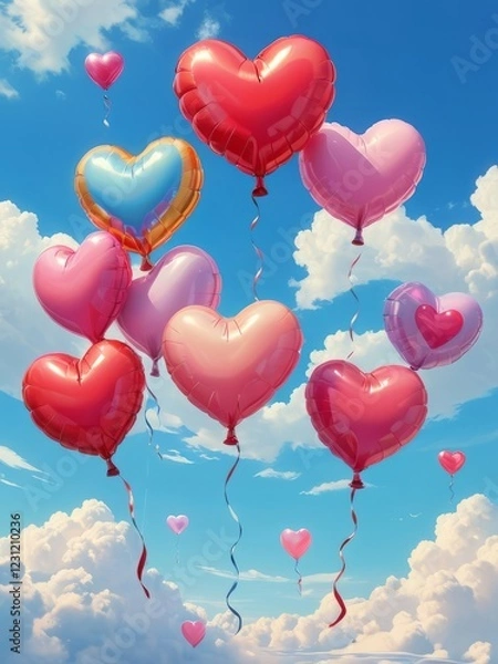Fototapeta  Heart-shaped balloons floating in a bright blue sky with clouds.
