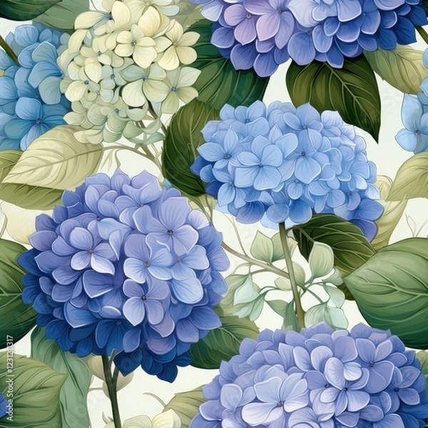 Fototapeta A seamless pattern featuring hydrangeas in vibrant shades of blue and lavender purple, accented with delicate green foliage on a muted cream background, elegant and fresh 