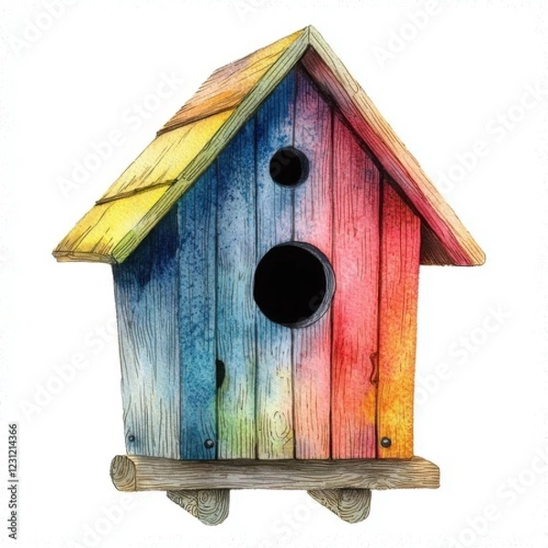 Fototapeta Colorful birdhouse art installation brings joy to nature lovers in serene garden setting