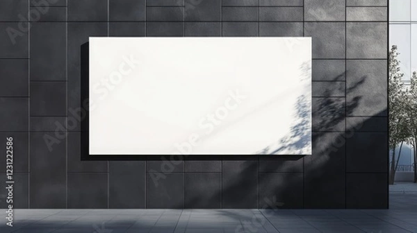 Obraz A blank billboard mounted on a modern dark wall, surrounded by a serene, minimalist environment with soft shadows.
