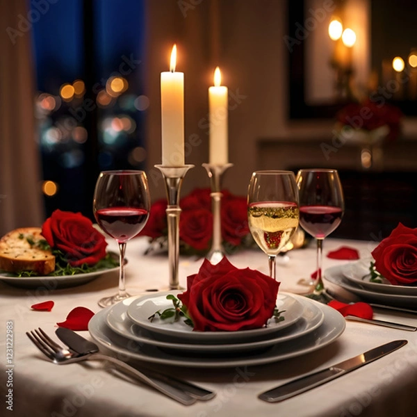 Fototapeta Romantic Candle it Dinner Table for Valentine's Day