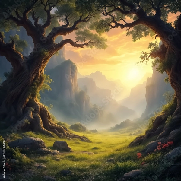 Fototapeta Sunlit Forest Clearing with Two Large Trees Framing the View