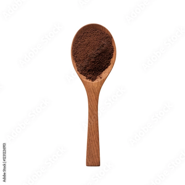 Obraz minimalist wooden spoon filled with fine coffee grounds, perfect for brewing, isolated on transparent background.