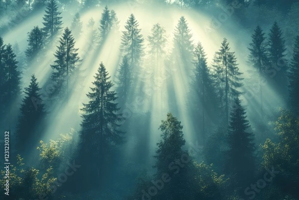 Fototapeta Silhouette of a misty forest with towering pine trees, with faint beams of light filtering through the thick canopy