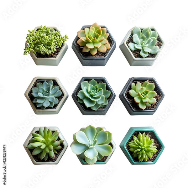 Obraz Collection of Hexagonal Wall-Mounted Geometric Ceramic Planters Isolated on Transparent Background