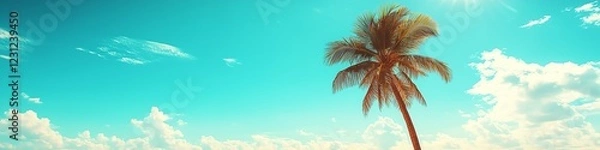 Fototapeta Scenic tropical beach with a tall palm tree over golden sand, bright blue sky, and warm vintage tones. Wide 4:1 composition with large copy space for text overlay.