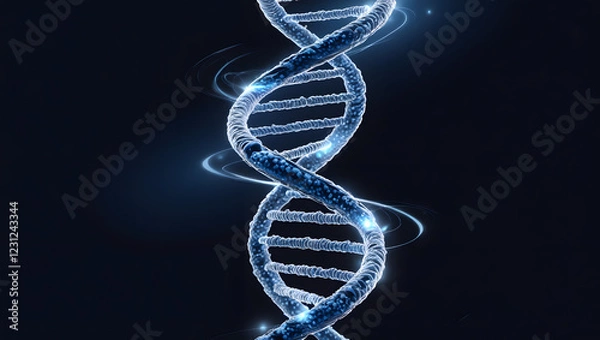 Fototapeta A shimmering, abstract representation of a DNA double helix.  The helix is composed of glowing blue particles against a dark background, creating an image that is both captivating and mysterious. 