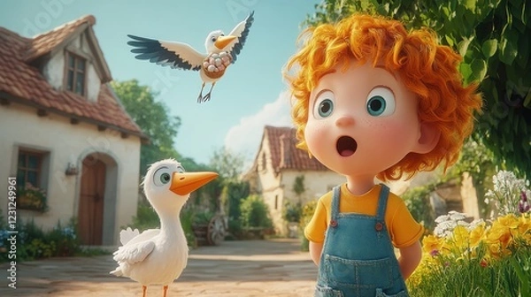 Obraz A child's amazed expression as storks deliver eggs.  A whimsical animated scene filled with charm and wonder.