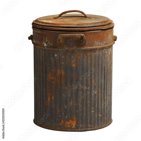 Fototapeta Aged Metal Trash Can with Rusty Surface and Weathered Texture