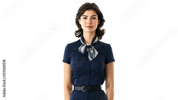 Fototapeta portrait of a female flight attendant with dark brown hair, isolated on a white background, wearing a navy blue uniform with a scarf, smiling politely, copyspace