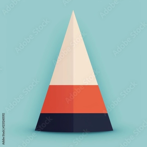 Fototapeta A colorful geometric cone with layered sections in cream, orange, and navy blue against a soft teal background.