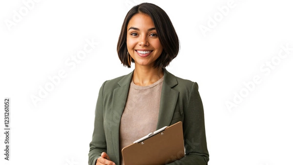 Fototapeta portrait of a female school counselor with a professional bob haircut, isolated on a white background, wearing a blazer and holding a clipboard, smiling warmly