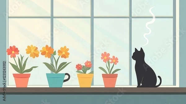 Fototapeta 88.A clean and cozy vector illustration of a wide window with sunlight streaming through, a curious cat sitting on the sill, colorful potted flowers lined up neatly, and a steaming coffee mug on the