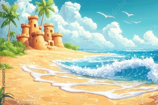 Fototapeta A cartoon beach with animated waves and lively sandcastles, where every grain of sand seems to sparkle and the entire scene is filled with energy and fun.