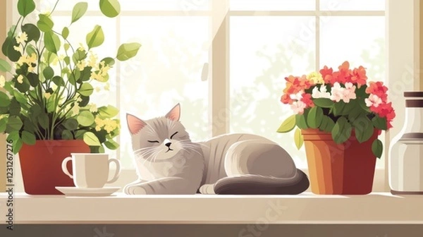 Fototapeta 77.A serene home interior view with a cat lounging on a window ledge, surrounded by flowering potted plants and a cozy coffee cup, depicted in a clean and modern vector style.