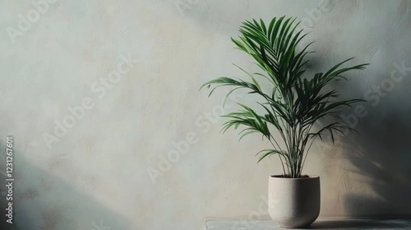 Fototapeta 95.A serene scene of a tall leafy indoor plant in a ceramic planter, positioned near a blank white wall with subtle textural details, creating a modern and tranquil ambiance.
