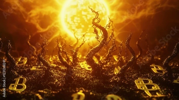 Obraz Bitcoin Apocalypse: Withered Crypto Trees Under a Fiery Sun
