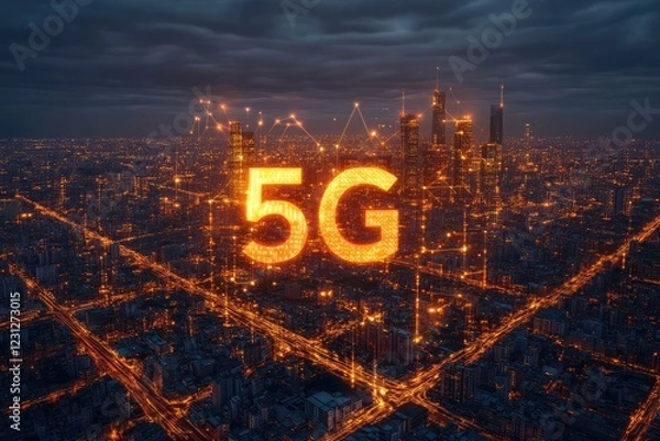Fototapeta A conceptual image of 5G networks enabling seamless business communication in a smart city environment.