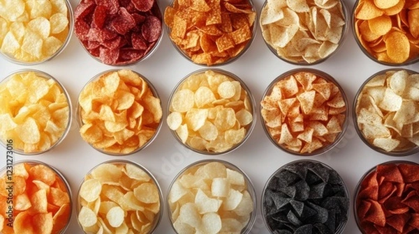 Fototapeta Variety of Colorful Potato Chips in Transparent Bowls on White Background