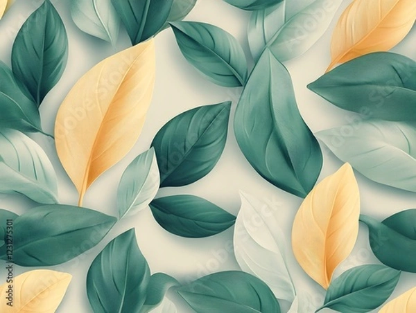 Fototapeta Seamless Abstract Decorative 3D Leaves Pattern Background with Teal and Yellow Gradient