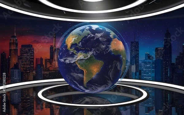 Fototapeta Futuristic studio with Earth globe, cityscape backdrop, vibrant lighting