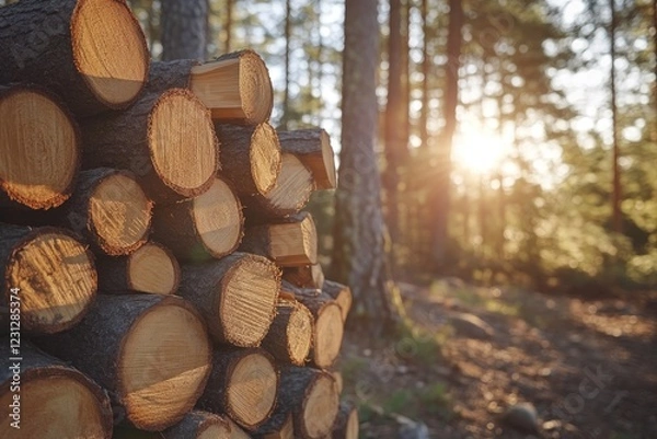 Obraz Stack of firewood illuminating the forest at sunset