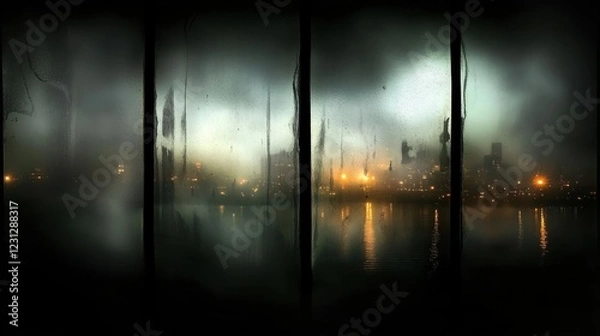 Fototapeta A foggy cityscape at dusk, with reflections on water and glowing lights in the background.