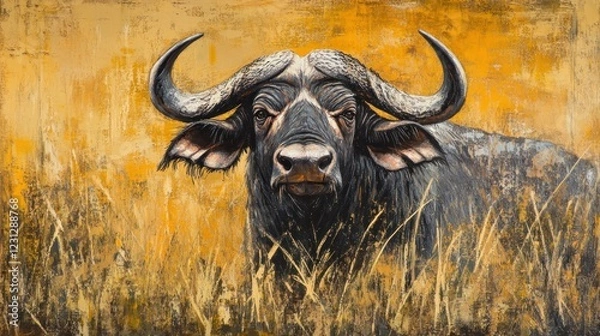Fototapeta A close-up of a buffalo against a textured orange background, evoking strength and nature.