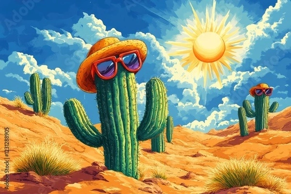 Fototapeta A desert landscape with cartoon cacti wearing sunglasses and hats, where the sun is always shining and the sands are a vibrant orange under the endless blue sky.