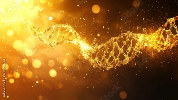 Fototapeta A glowing DNA strand illuminated by golden light, symbolizing life and science.