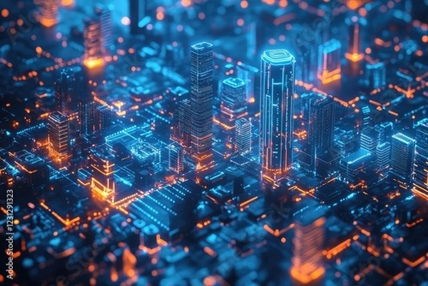 Fototapeta A digital blueprint of a smart city powered by IoT and AI, showcasing futuristic urban development.